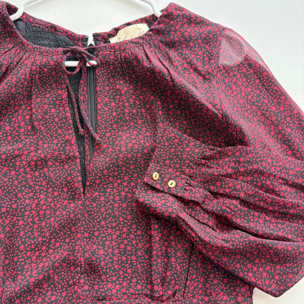 Cleobella Red Black Floral Mini Dress Womens Large Long Sleeve Keyhole Boho L